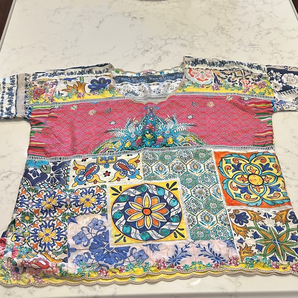 Johnny Was 100% Silk Multicolor Patchwork Short S… - image 1